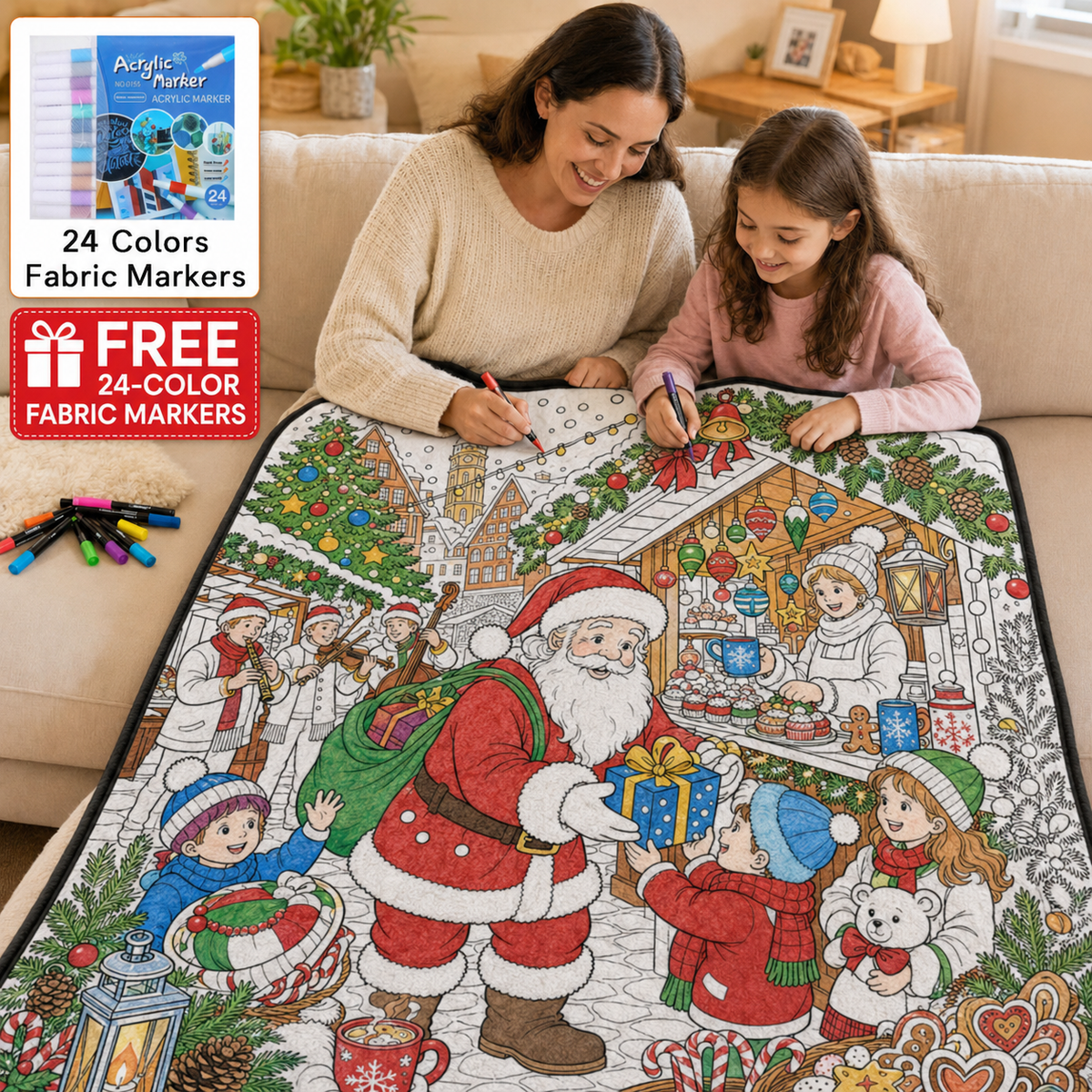 🎄Early Christmas Pre Sale 50% Off☃️DIY Christmas Drawing Blanket with 24 Colors Markers🎁Doodle Your Own Xmas Blanket🎅Customizable Washable Paint Play Blanket for Adults, Kids🎨