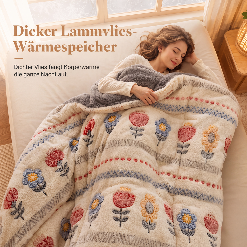 🛌 50 % RABATT! ✨Doppelseitige Sherpa-Fleece-Bettdecke – Schneeflocken-Samt & dichtes Lammfleece mit Wärmespeicher & ultraweichem Samtgriff❄️