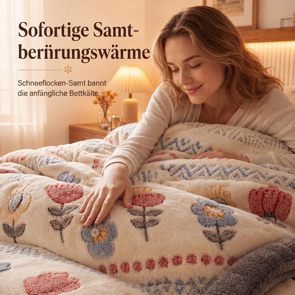 🛌 50 % RABATT! ✨Doppelseitige Sherpa-Fleece-Bettdecke – Schneeflocken-Samt & dichtes Lammfleece mit Wärmespeicher & ultraweichem Samtgriff❄️