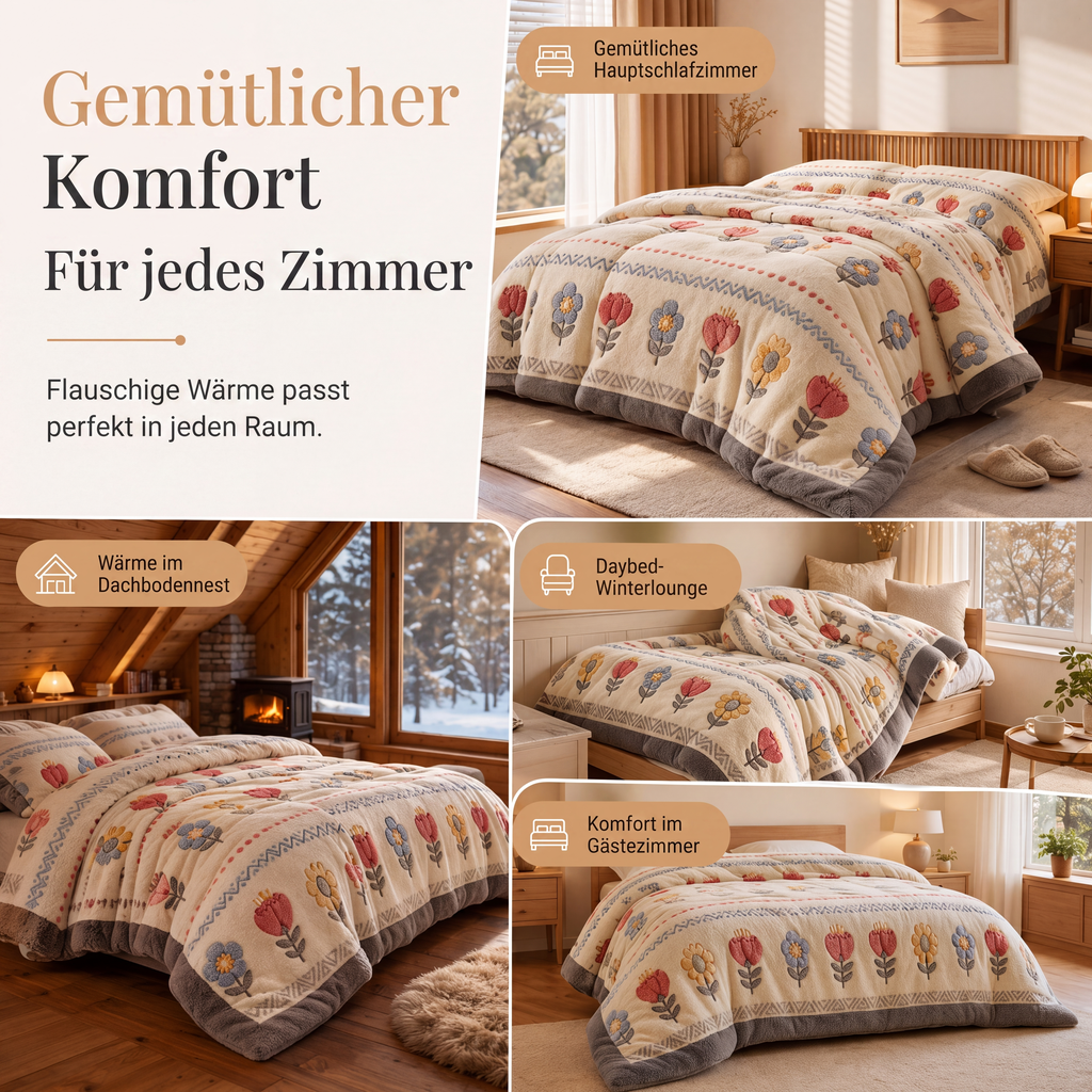 🛌 50 % RABATT! ✨Doppelseitige Sherpa-Fleece-Bettdecke – Schneeflocken-Samt & dichtes Lammfleece mit Wärmespeicher & ultraweichem Samtgriff❄️