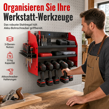 🔥50 % Rabatt!!🔧Wandmontierter Organizer für Elektrowerkzeuge und Bohrer-Aufbewahrungsregal mit Haken und Akkuhalterung für die Garage