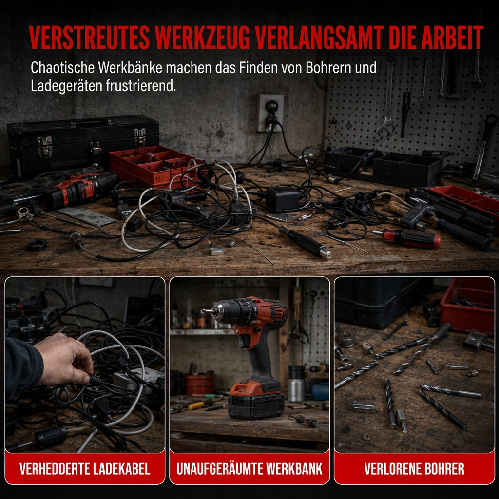 🔥50 % Rabatt!!🔧Wandmontierter Organizer für Elektrowerkzeuge und Bohrer-Aufbewahrungsregal mit Haken und Akkuhalterung für die Garage