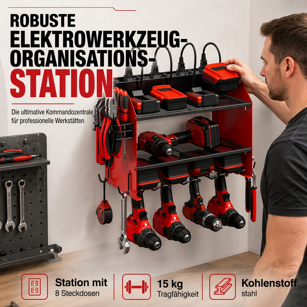 🔥50 % Rabatt!!🔧Wandmontierter Organizer für Elektrowerkzeuge und Bohrer-Aufbewahrungsregal mit Haken und Akkuhalterung für die Garage