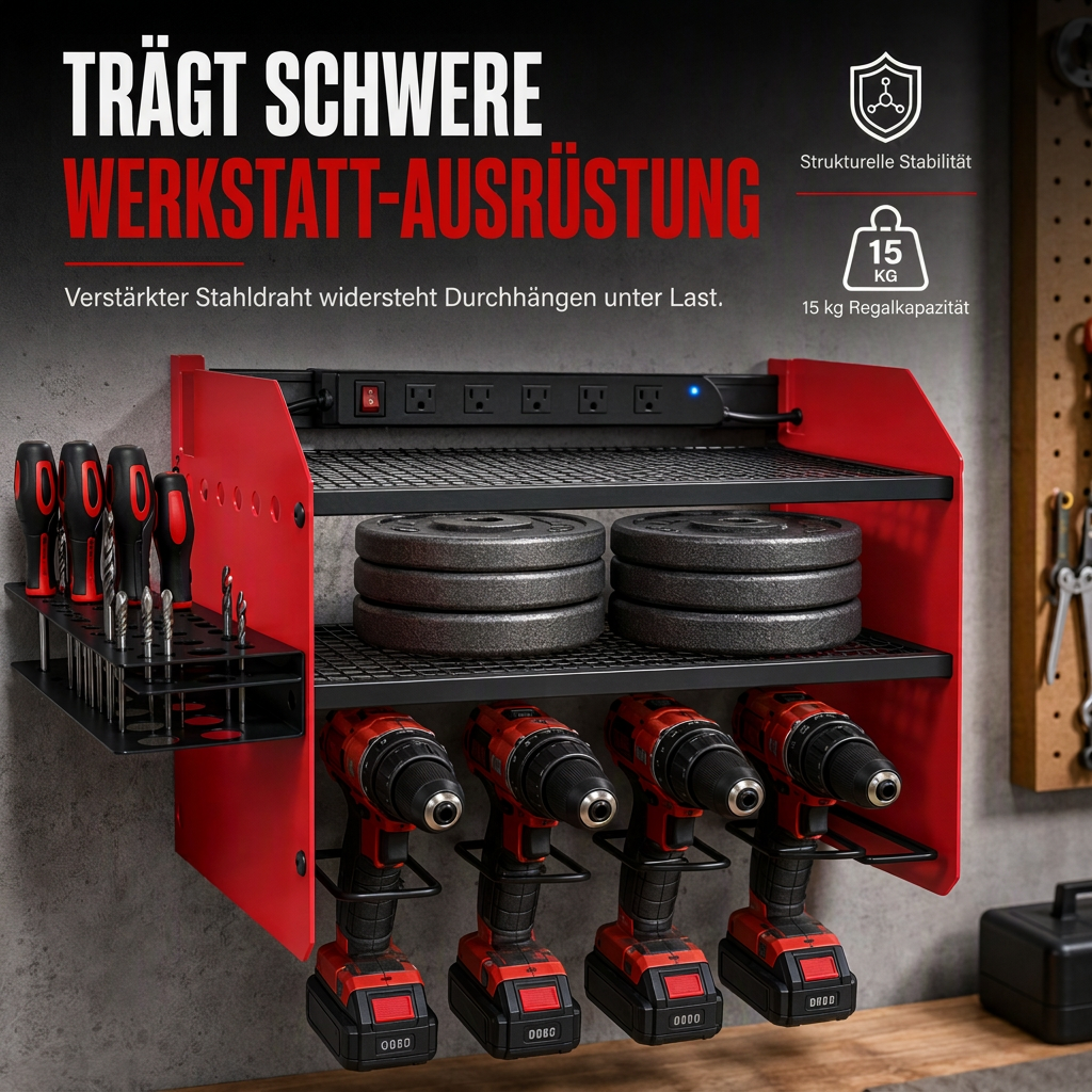 🔥50 % Rabatt!!🔧Wandmontierter Organizer für Elektrowerkzeuge und Bohrer-Aufbewahrungsregal mit Haken und Akkuhalterung für die Garage