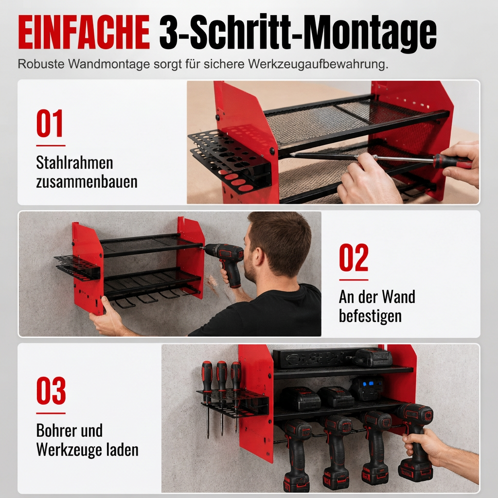 🔥50 % Rabatt!!🔧Wandmontierter Organizer für Elektrowerkzeuge und Bohrer-Aufbewahrungsregal mit Haken und Akkuhalterung für die Garage