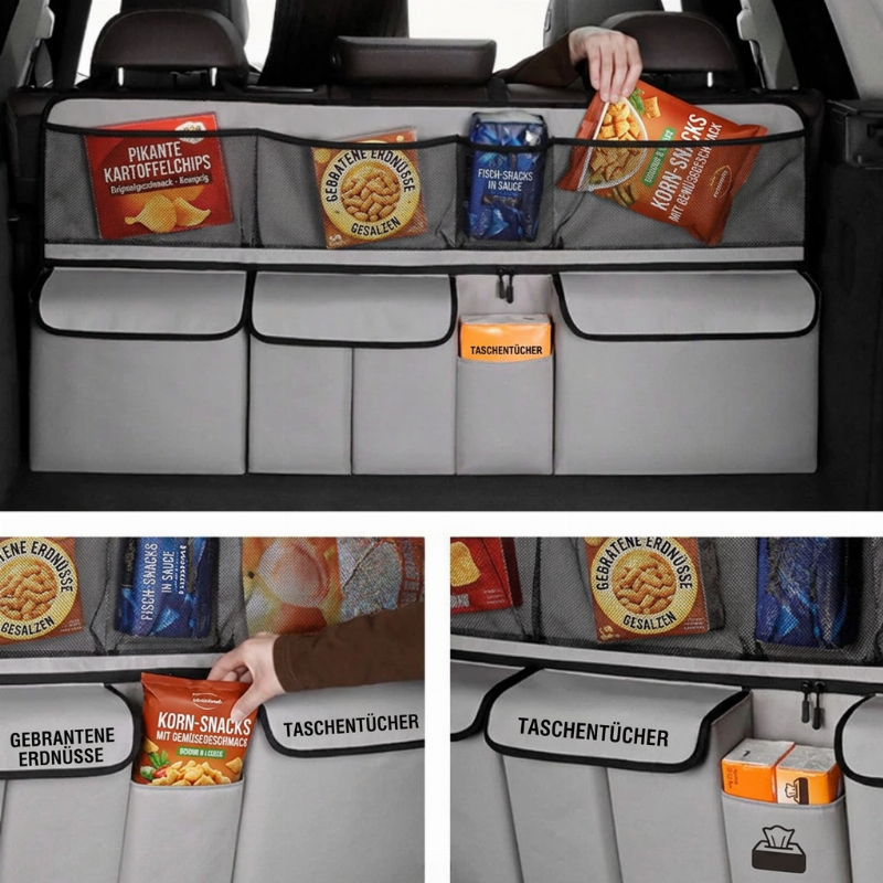 📢📢Zeitlich 50% Rabatt⏰🚗Dicker strapazierfähiger hängender Kofferraum-Organizer Platzsparend, groß, mehrere Fächer