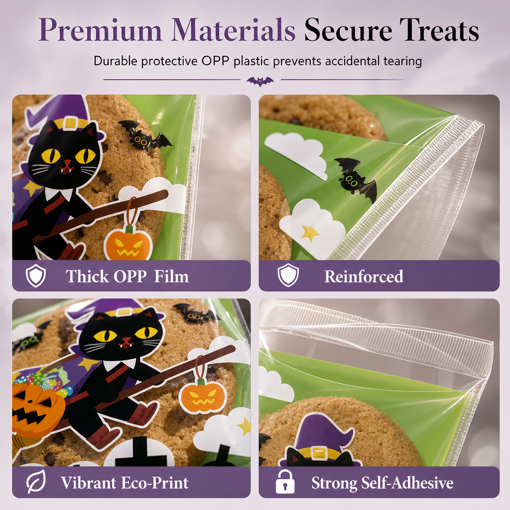 🎃💀100 Stück selbstklebende Halloween-Geschenktüten – wiederverwendbar, 4-in-1-Totenkopf-Design