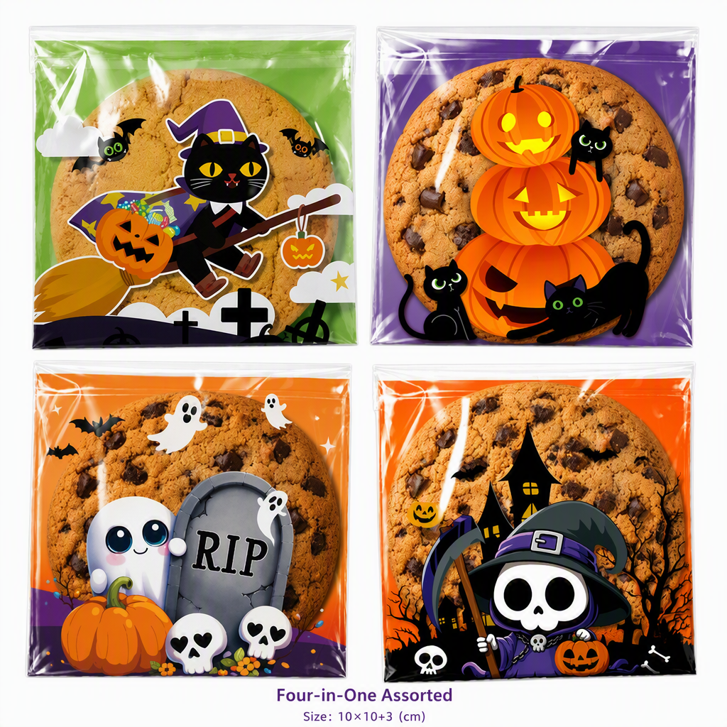 🎃💀100 Stück selbstklebende Halloween-Geschenktüten – wiederverwendbar, 4-in-1-Totenkopf-Design
