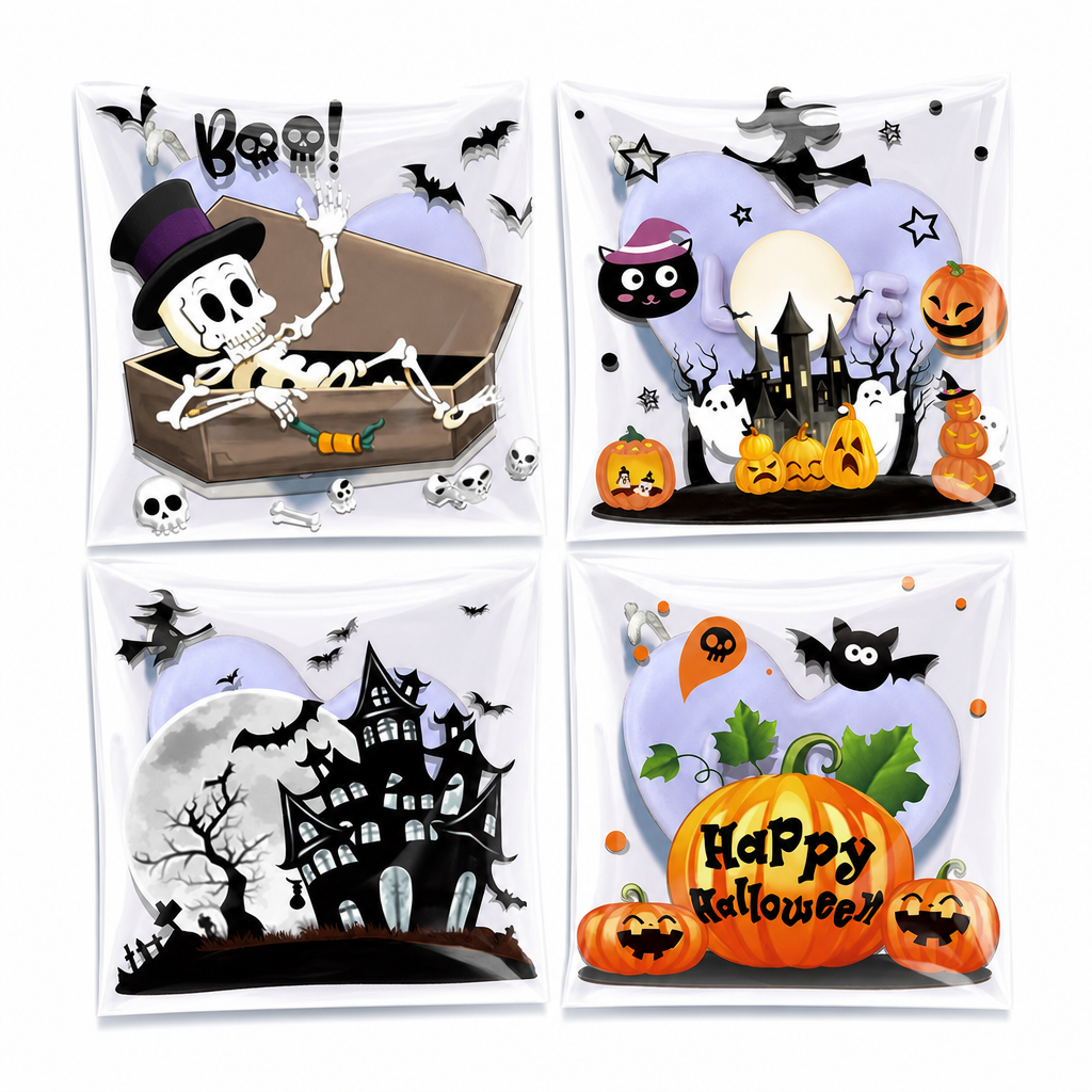 🎃💀100 Stück selbstklebende Halloween-Geschenktüten – wiederverwendbar, 4-in-1-Totenkopf-Design