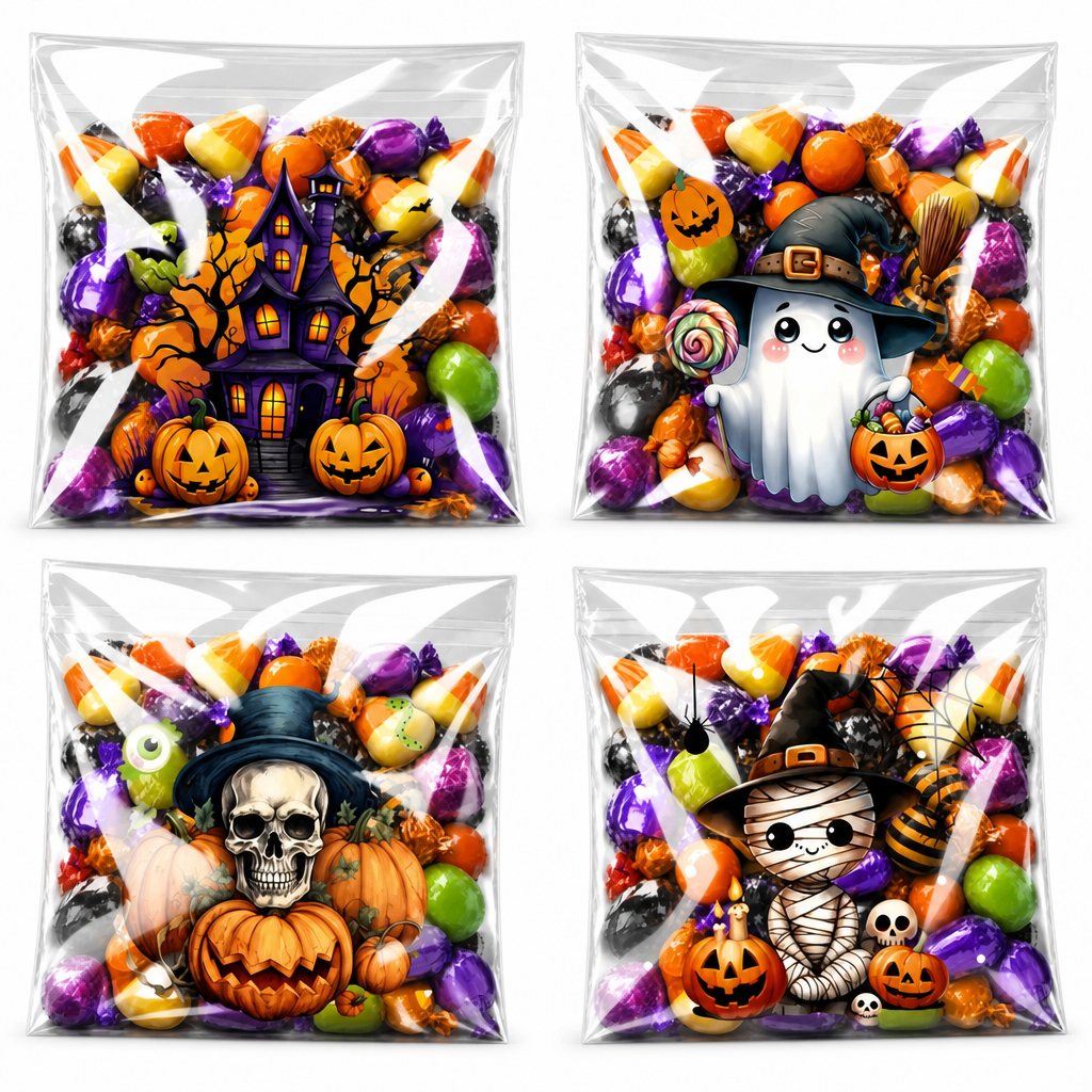 🎃💀100 Stück selbstklebende Halloween-Geschenktüten – wiederverwendbar, 4-in-1-Totenkopf-Design