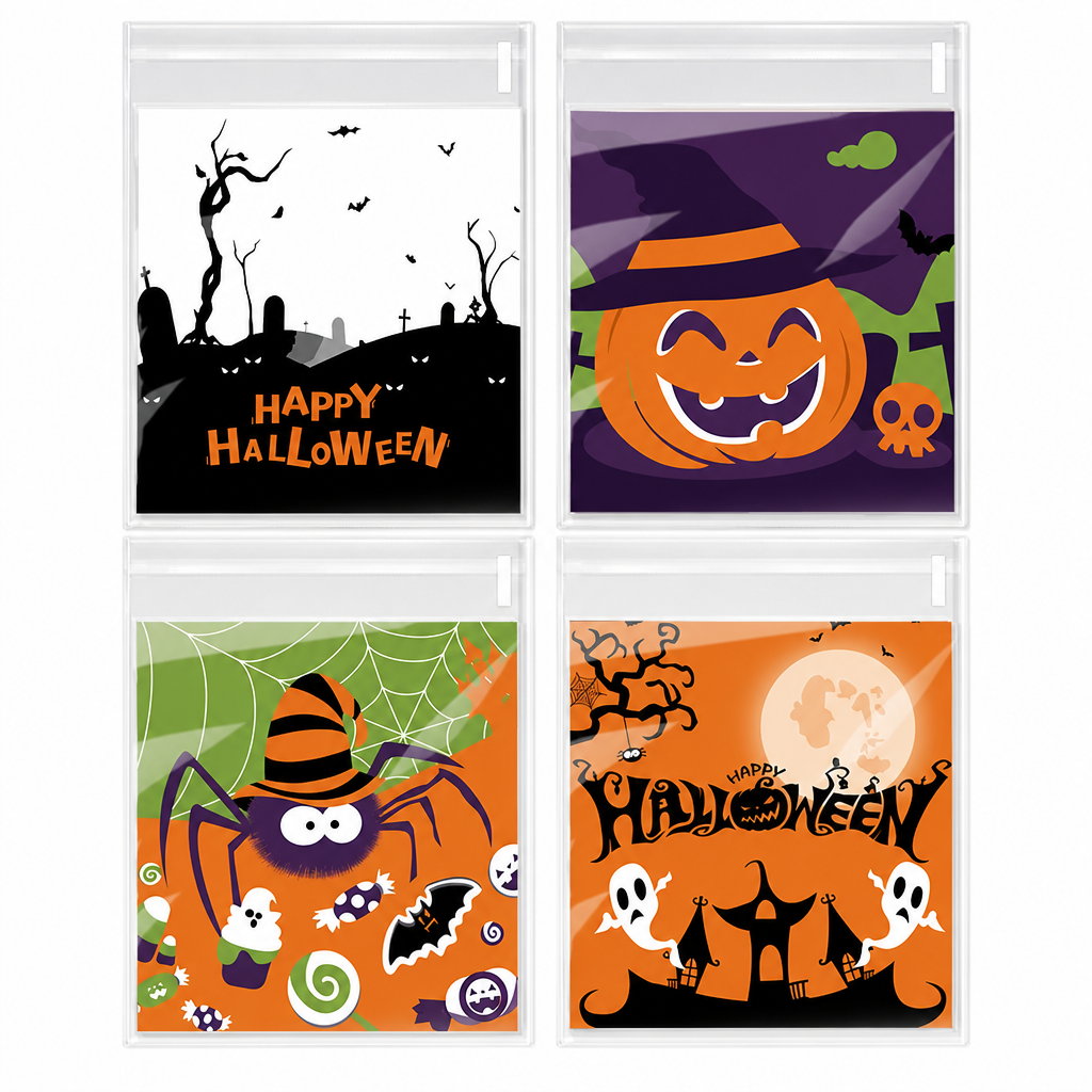 🎃💀100 Stück selbstklebende Halloween-Geschenktüten – wiederverwendbar, 4-in-1-Totenkopf-Design