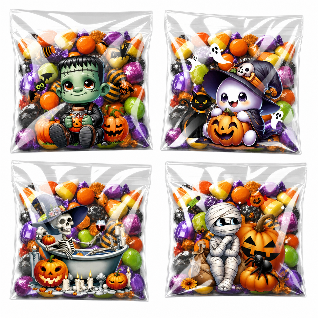🎃💀100 Stück selbstklebende Halloween-Geschenktüten – wiederverwendbar, 4-in-1-Totenkopf-Design