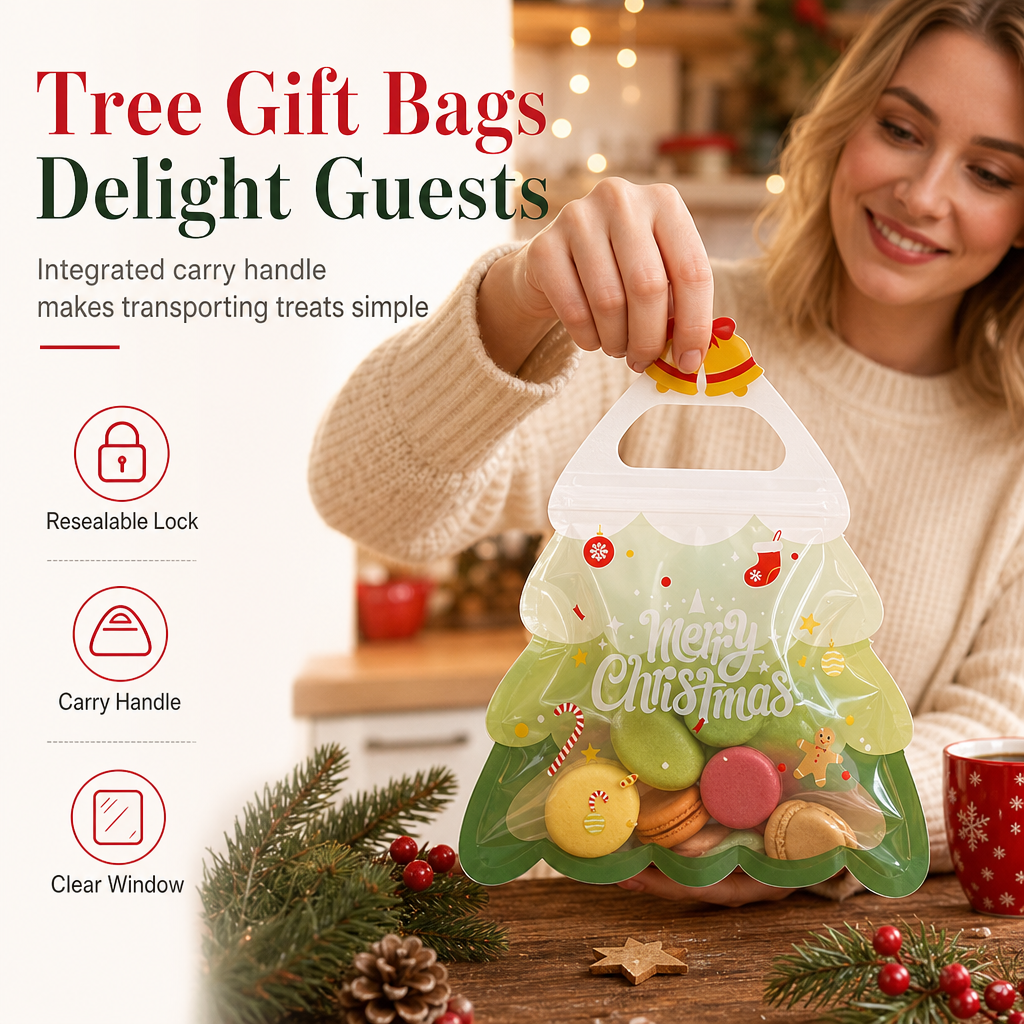 🎄Niedliche, transparente Geschenktüte in Form eines Weihnachtsbaums mit Henkel