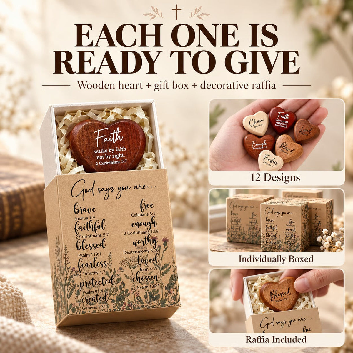 12-teiliges Set aus herzförmigen Taschenumarmungs-Anhängern aus Holz