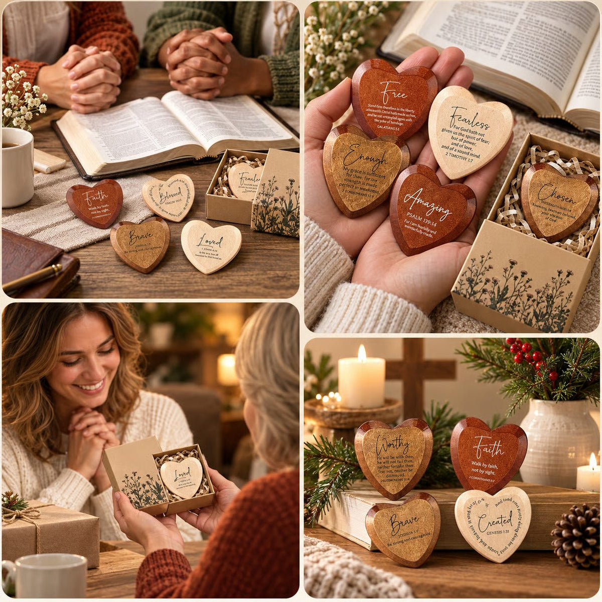 12-teiliges Set aus herzförmigen Taschenumarmungs-Anhängern aus Holz
