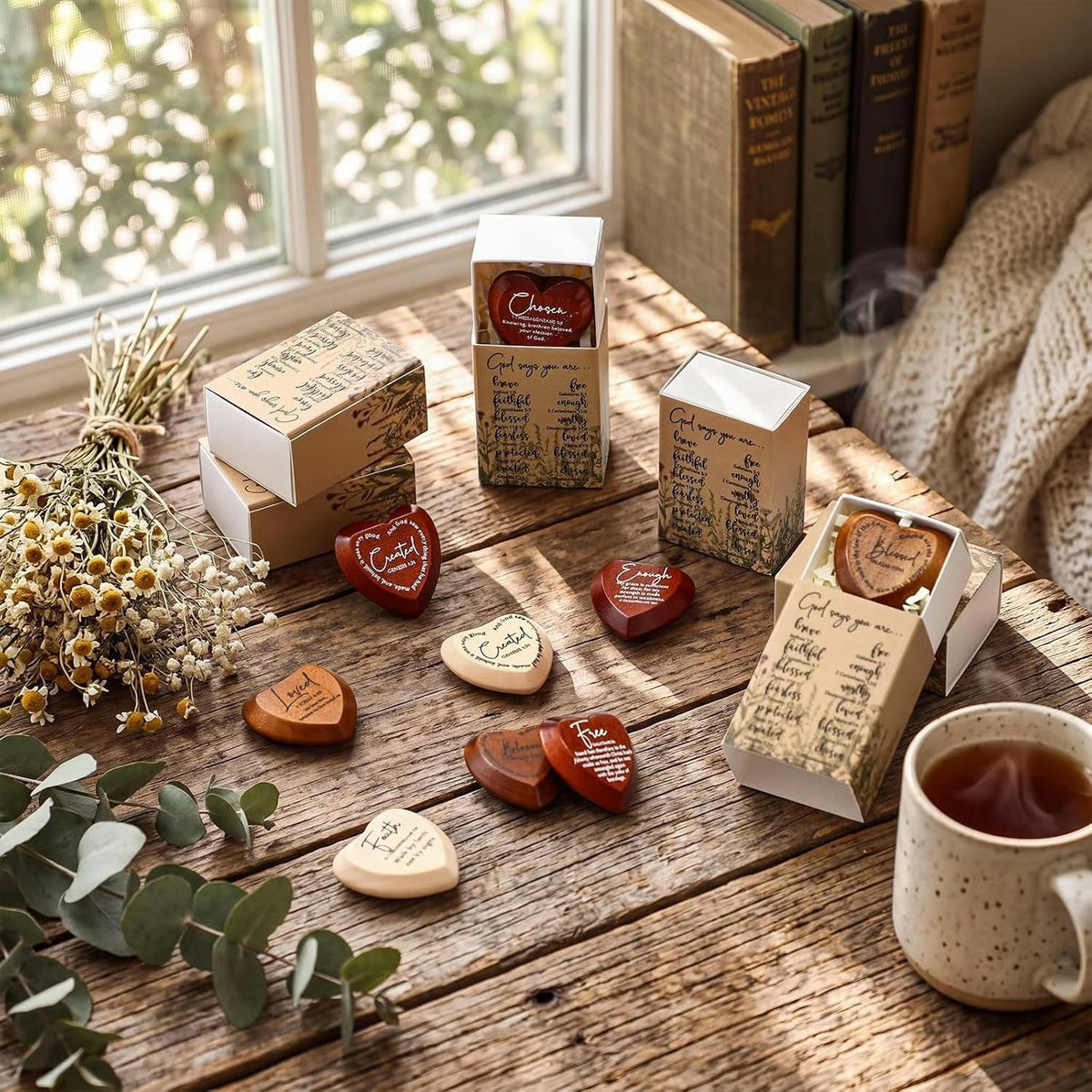 12-teiliges Set aus herzförmigen Taschenumarmungs-Anhängern aus Holz