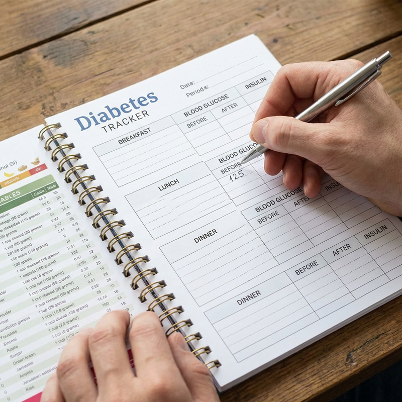 Diabetes-Tracker-Buch mit Lebensmittelliste