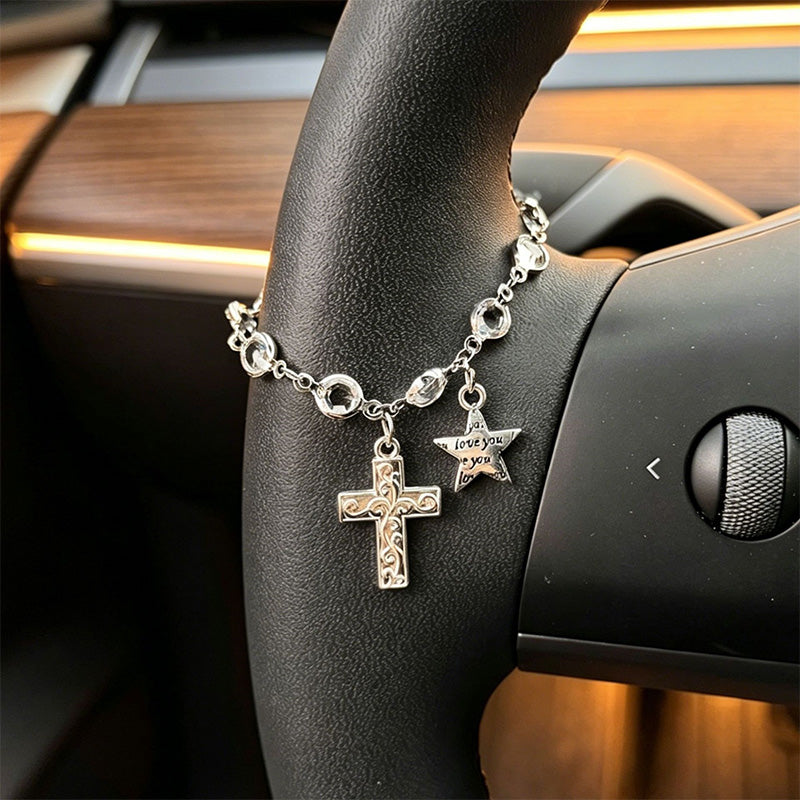 🏹✝️Retro-Anhänger in Form eines Autolenkrads aus Leichtmetall mit Kreuz- und Sternmotiv