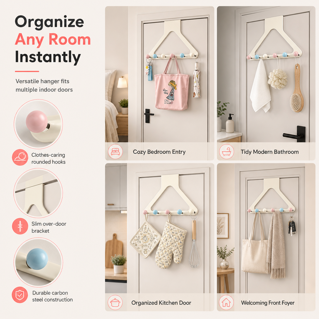 🏆50 % Rabatt!!🌈Cremefarbener Türhaken-Organizer, erhöht und verstärkt, ohne Bohren, robuste Hängevorrichtung für Mäntel, Hüte und Taschen fürs Schlafzimmer🚪