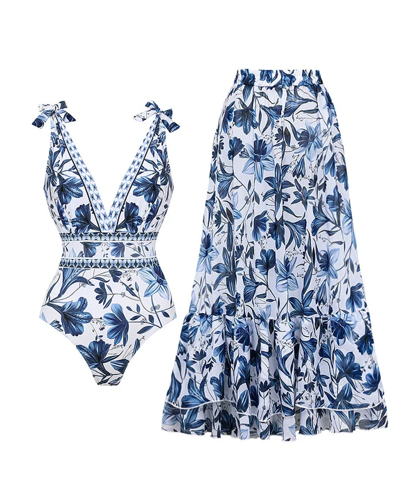 💥 Sonderangebot: 50 % Rabatt 💥 V Neck Lace Up Printed One Piece Swimsuit And Skirt