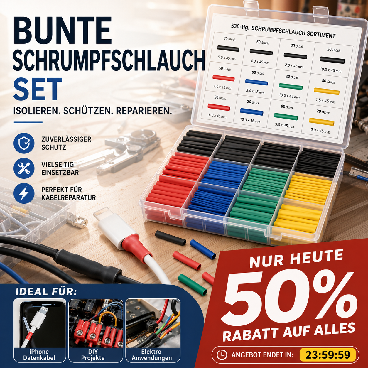 📢📢50 % Rabatt!!+1+1 GRATIS!!⏰🔧 Farbsortiertes Schrumpfschlauch-Set im Koffer | 328/750Teilen🛠️📦