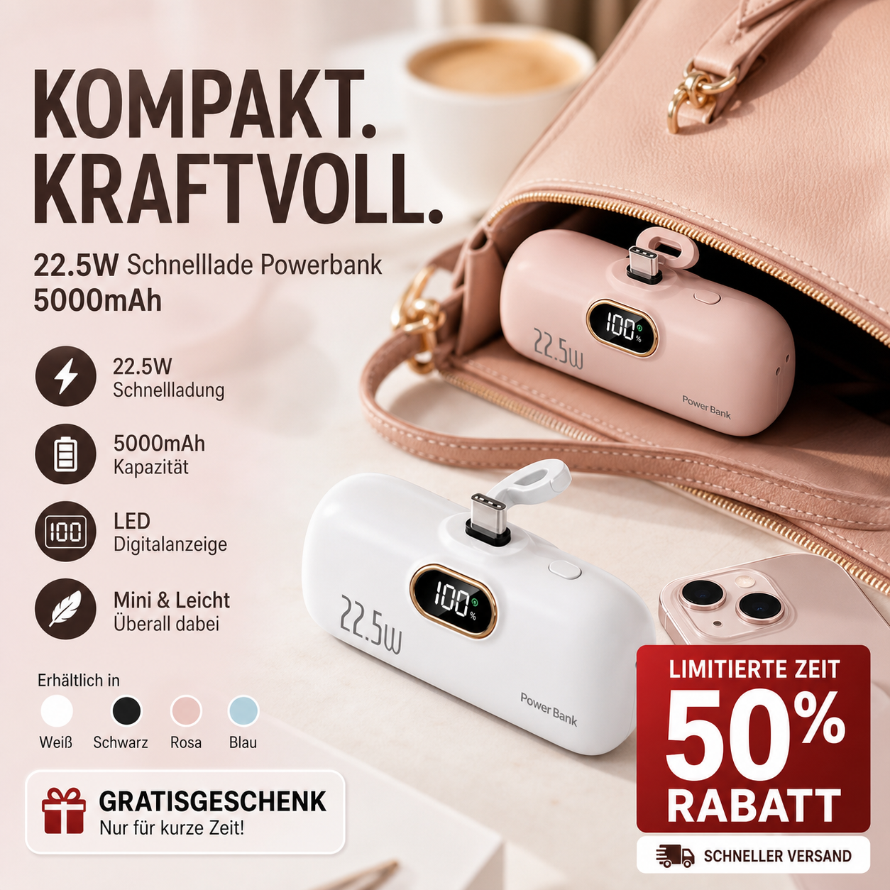 🔋 50% RABATT! 📱 Mini-Powerbank 5000mAh – Tragbar, Schnellladung & Perfekt für Unterwegs ✨