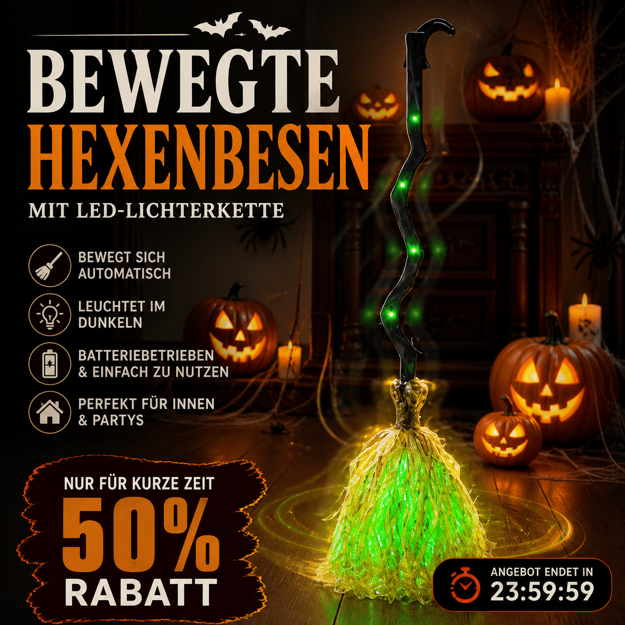 🧙 Nur für kurze Zeit: 55 % Rabatt! 🥳 Animierter Hexenbesen als Halloween-Dekoration mit Licht und Sound