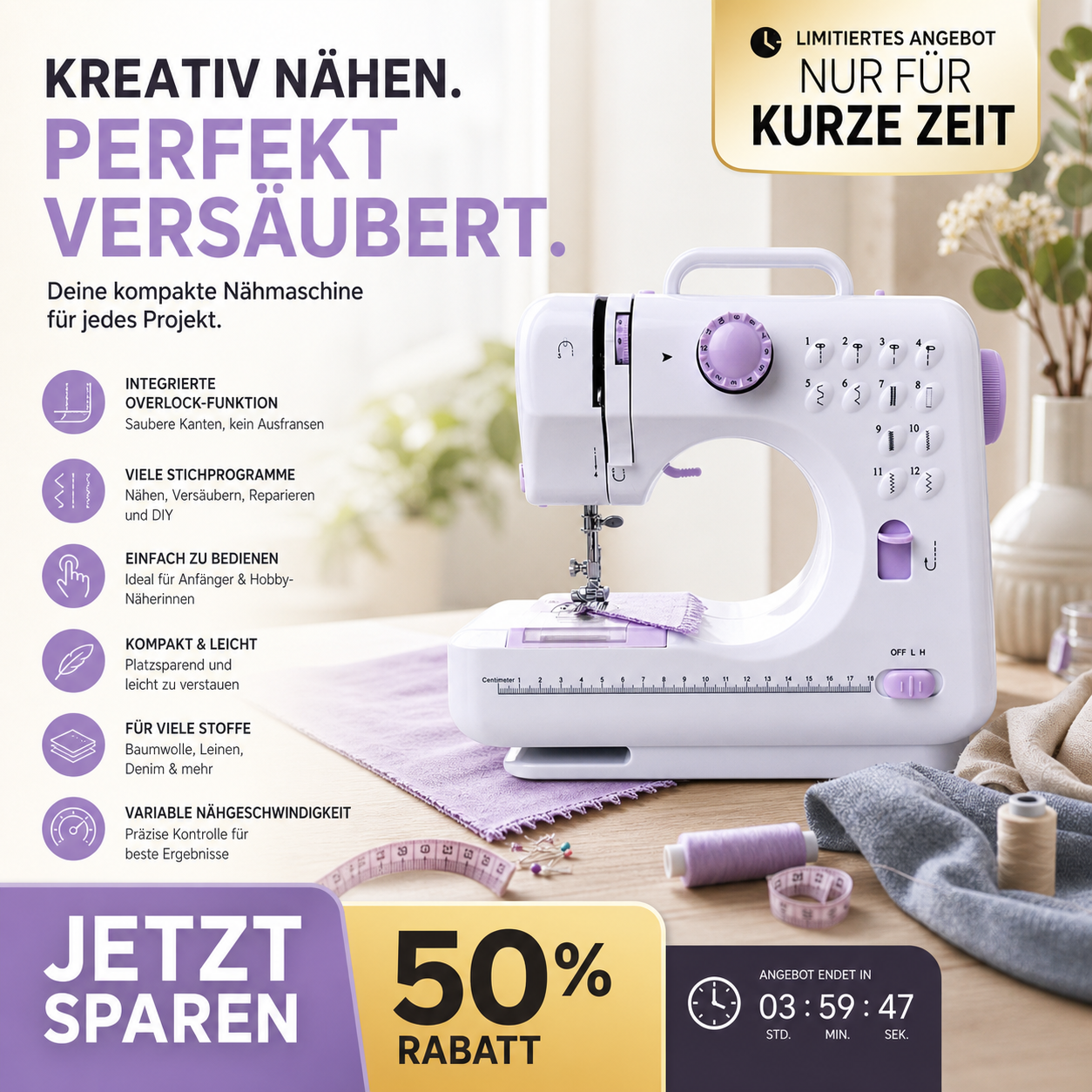 🧵 50% RABATT! 🛍️Multifunktionale Nähmaschine mit Overlock-Stich